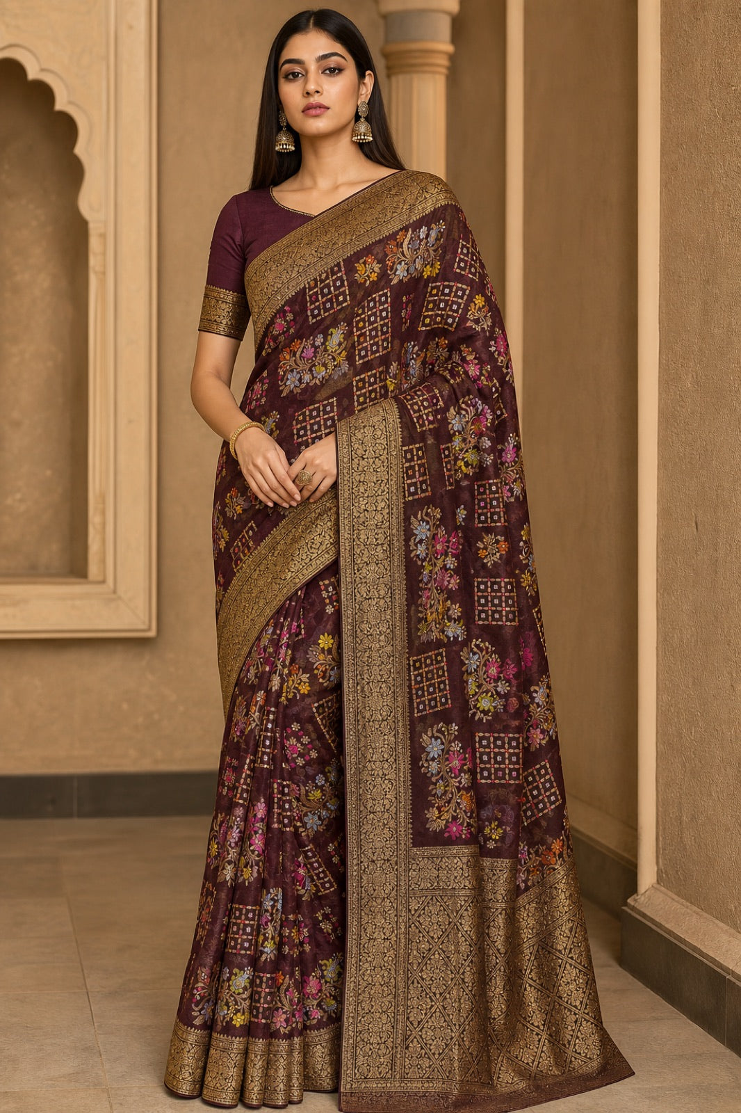 Roshan Pure Khaddi Georgette Silk Saree With Antique Zari Weaving - full front view