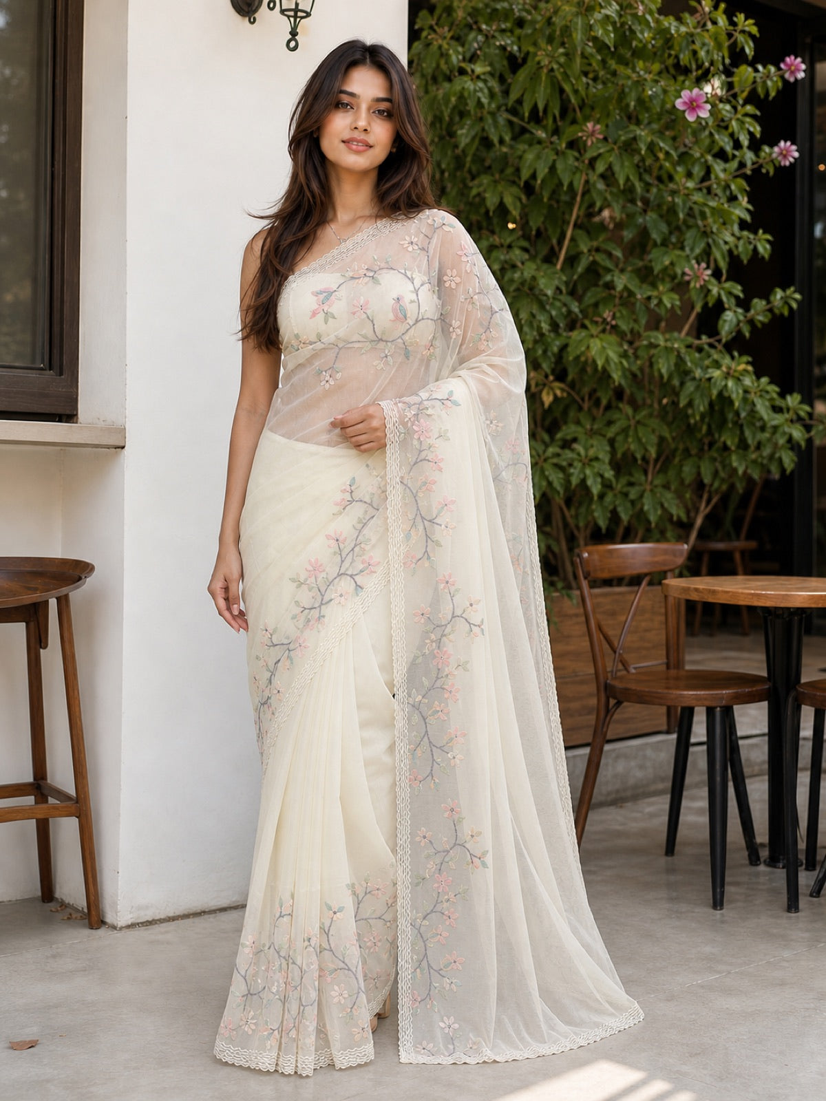 Deep Crepe Silk Saree With Gold Zari Weaving And Contrast Blouse - full front view