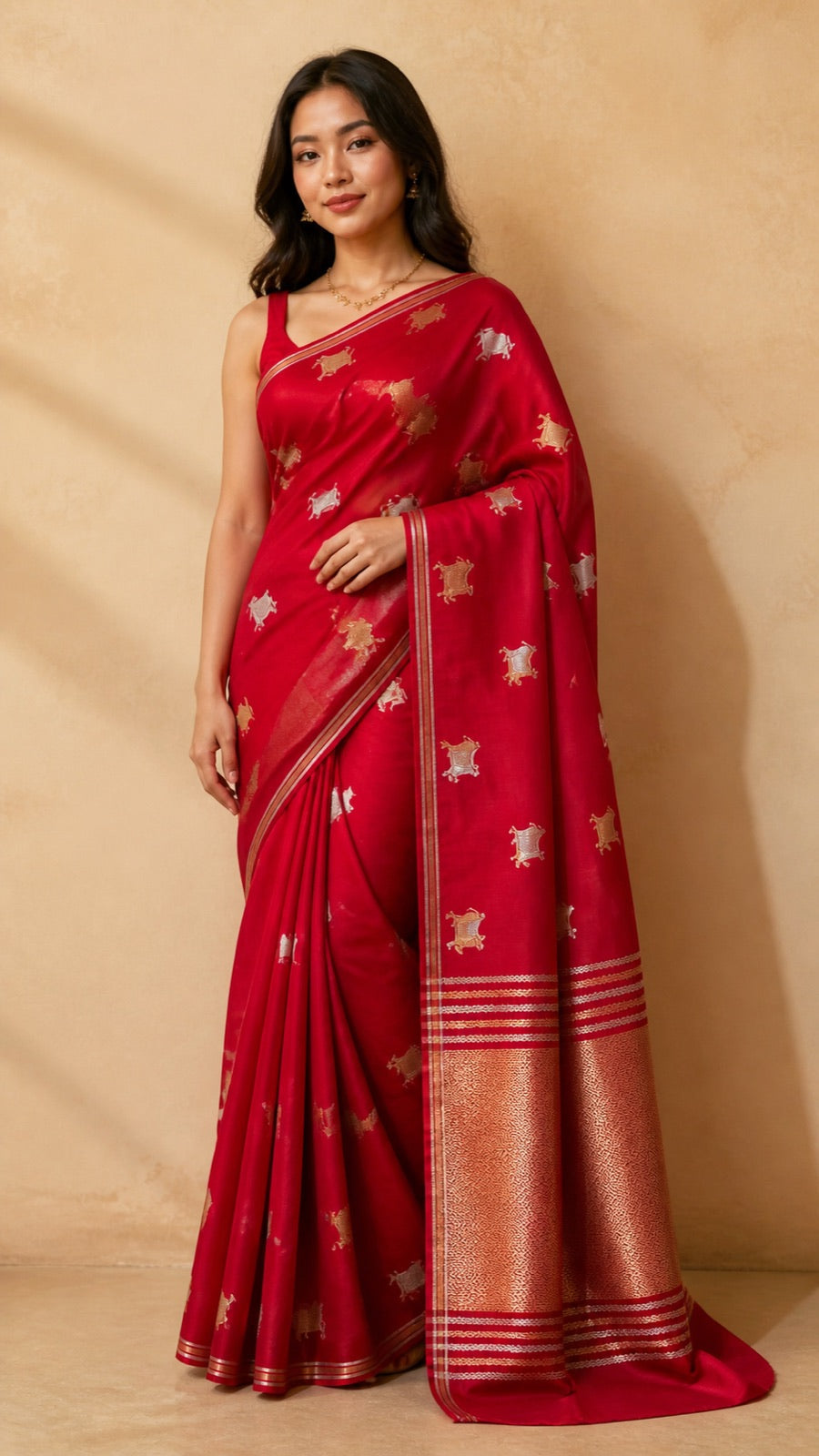 Nandi Pure Handloom Raw Mango Silk Saree With Sonarupa Zari And Nandi Motif - full front view