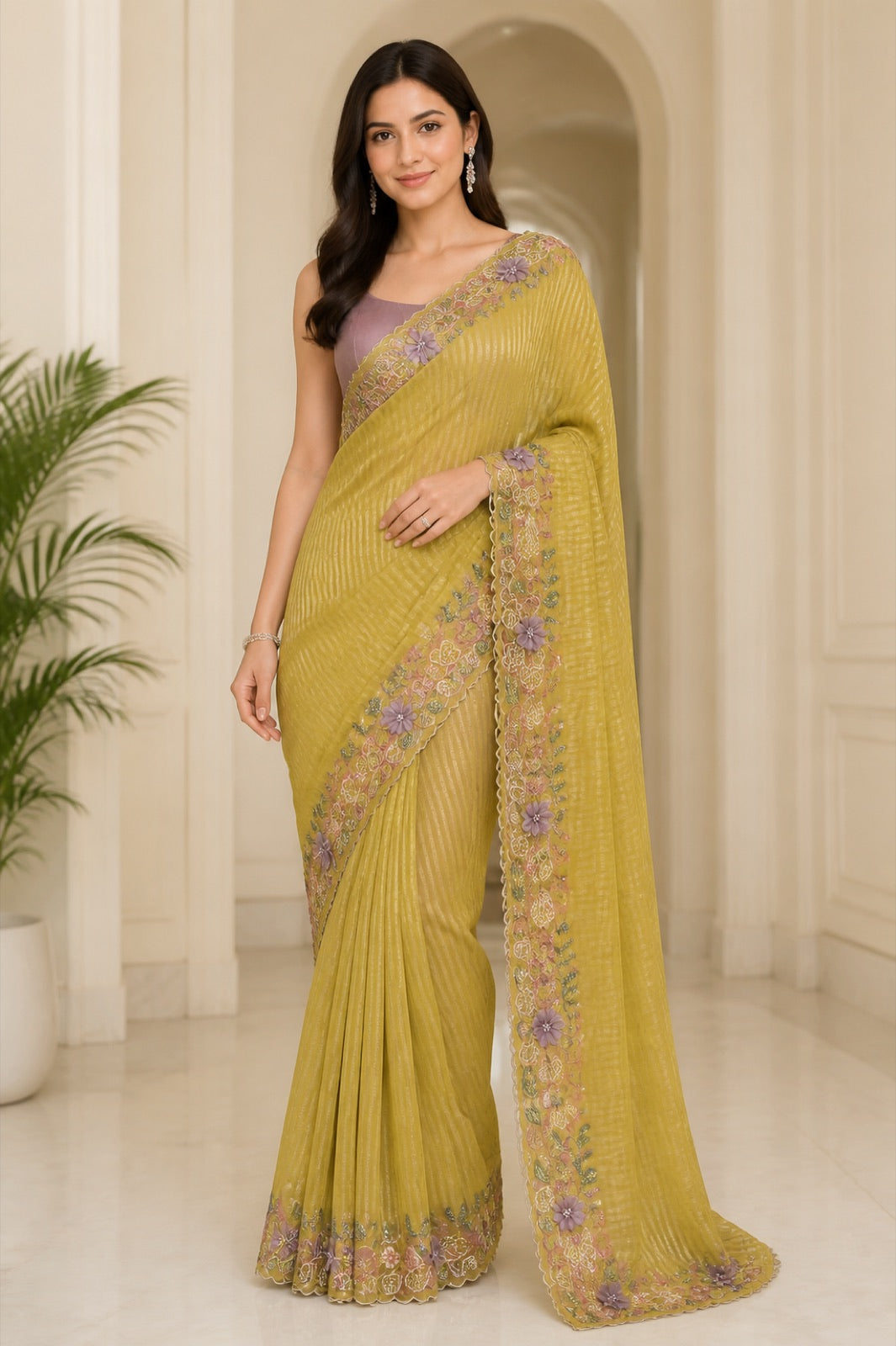 Kantha Tussar Silk Saree With Kantha Embroidery - full front view