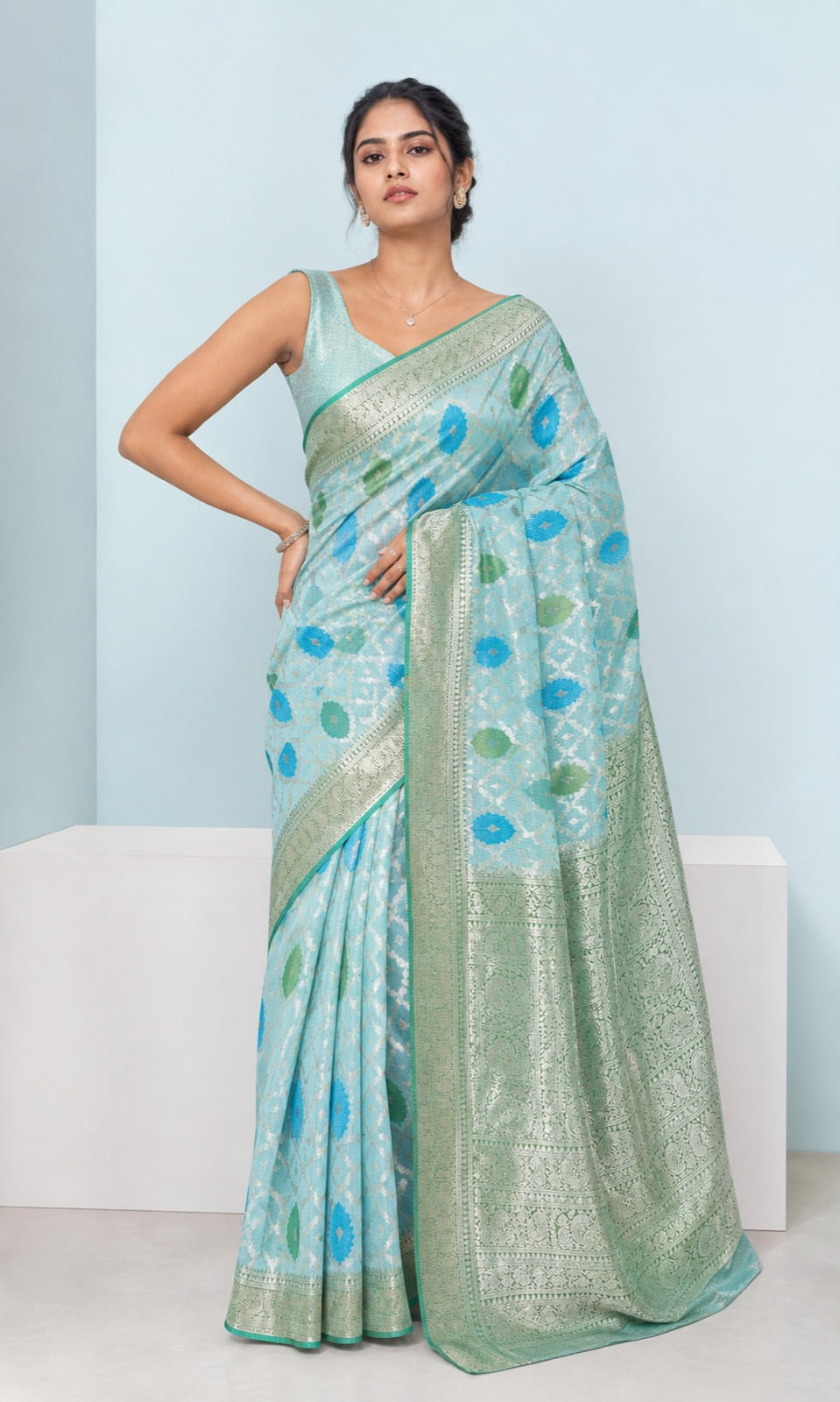 Jharokha Pure Kota Silk Saree With Gold Zari Weaving - full front view