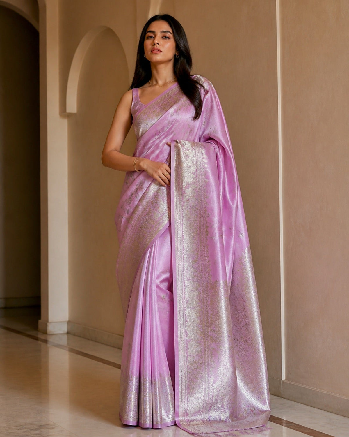 Meenakari Pure Raw Mango Silk Saree With Gold Zari And Red Meenakari - full front view