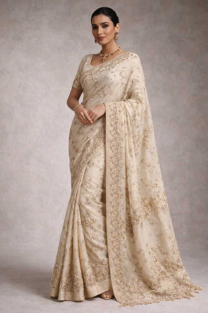 Ivory Regal Banarasi Pure Silk Saree With Handwoven Gold Zari