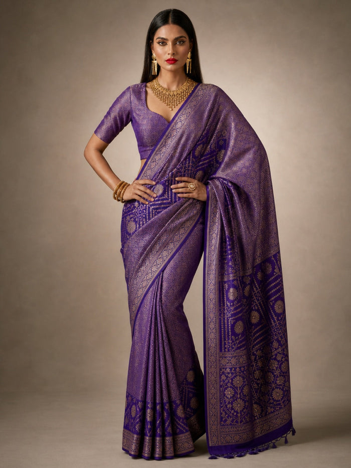 Rajwada Violet Banarasi Silk Saree With Intricate Antique Zari