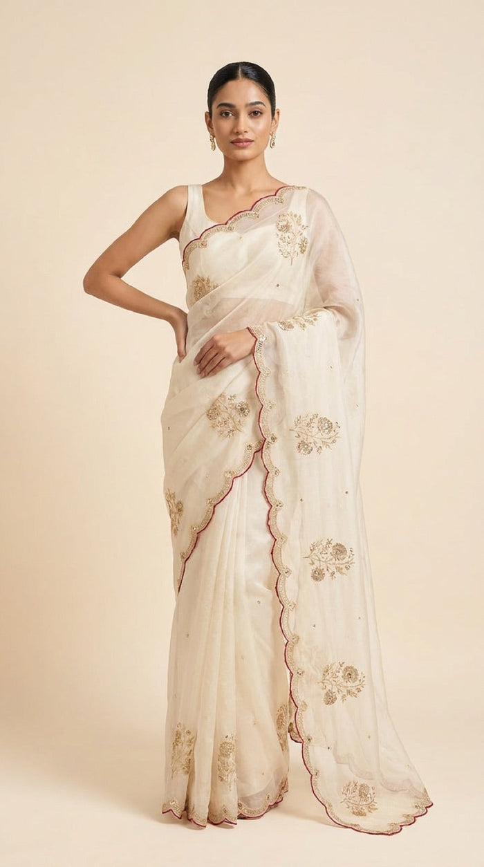 Ivory Noor Organza Saree With Hand Embroidered Gold Motifs