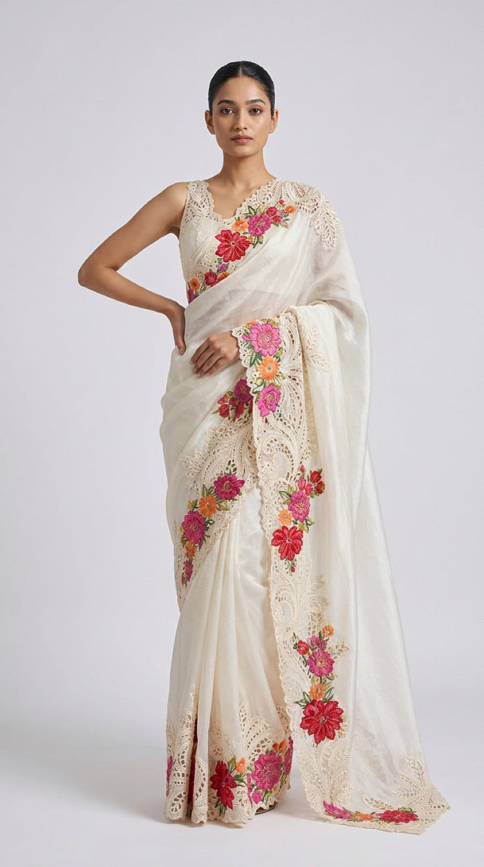 Champagne Bloom Pure Silk Saree With Multicolor Floral Embroidery