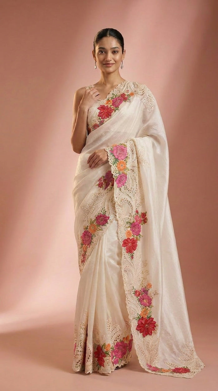 Ivory Blossom Pure Silk Saree With Floral Embroidered Lacework