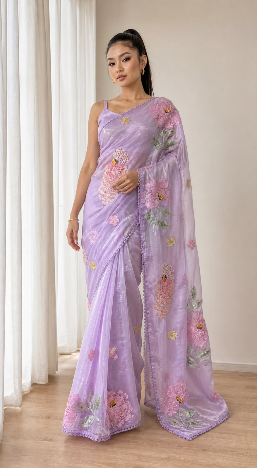 Ubhaar Glass Tissue Silk Saree With 3D Applique Work - full front view