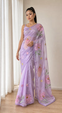 Ubhaar Glass Tissue Silk Saree With 3D Applique Work — view 1