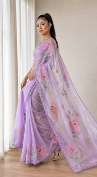 Ubhaar Glass Tissue Silk Saree With 3D Applique Work — view 3