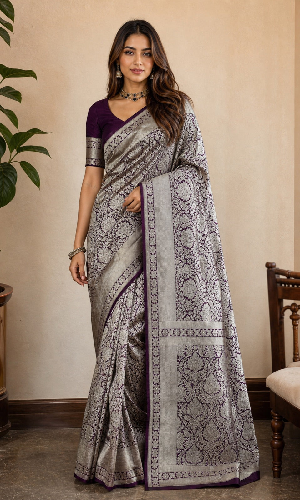 Brocade Pure Katan Silk Saree With Gold Zari Weaving And Brocade - full front view