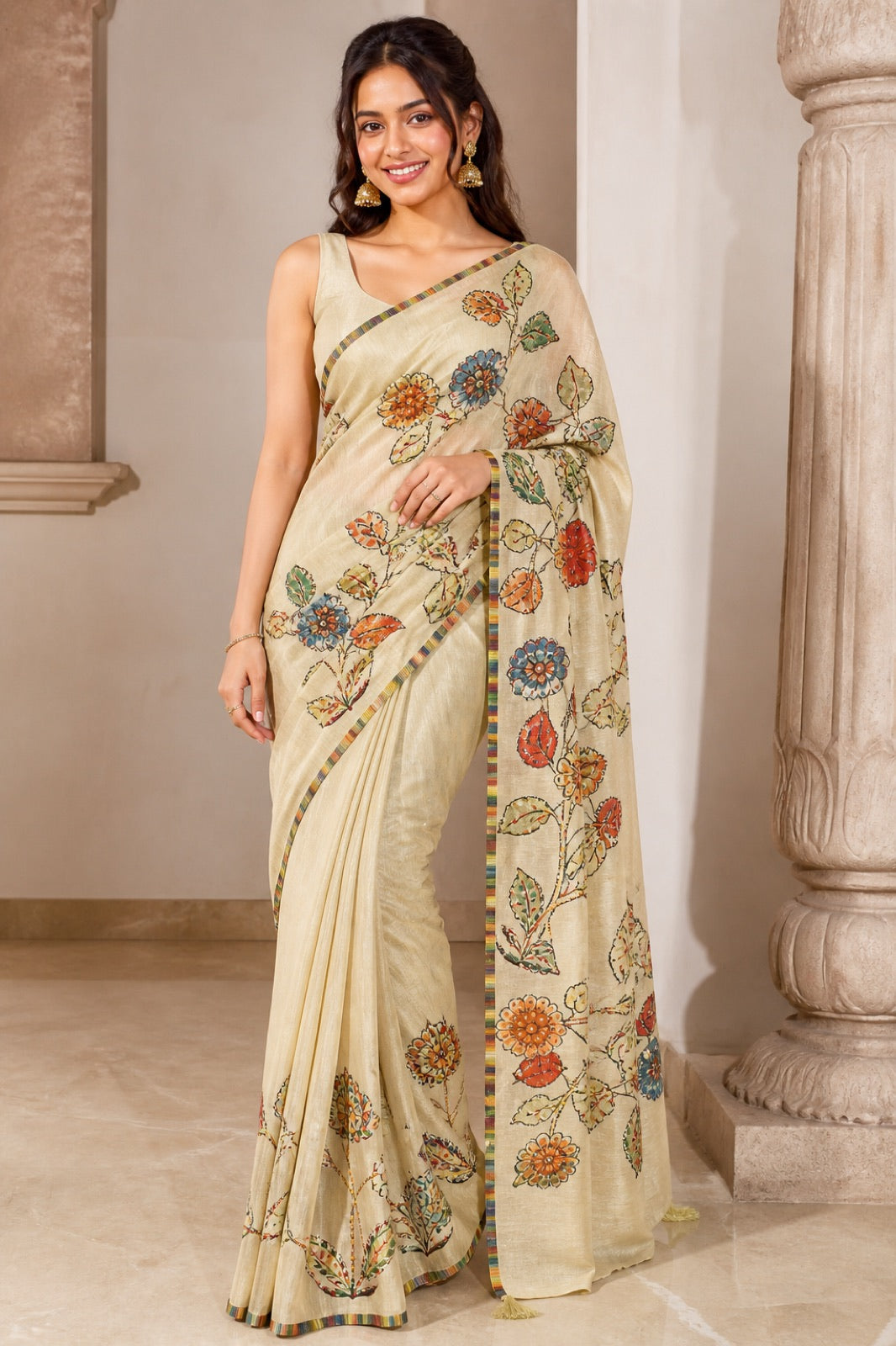 Sheesha Glass Tissue Silk Saree With Thread Work Embroidery - full front view