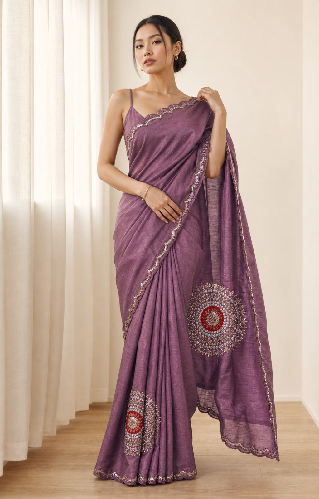 Katdana Pure Tussar Silk Saree With Katdana Sequence Embroidery - full front view