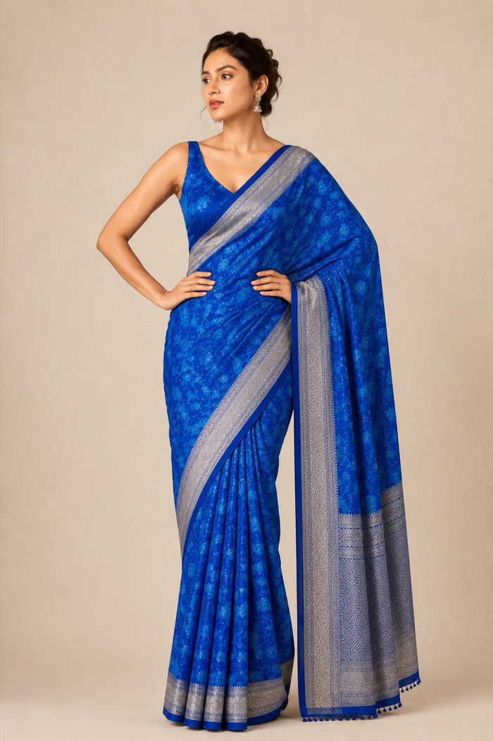 Royal Neelam Banarasi Silk Saree With Silver Zari Border