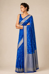 Royal Neelam Banarasi Silk Saree With Silver Zari Border — view 2
