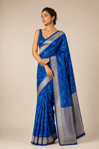 Royal Neelam Banarasi Silk Saree With Silver Zari Border — view 3