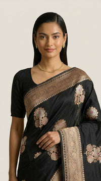 Noir Heritage Banarasi Silk Saree With Antique Gold Zari — view 3