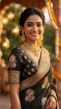 Noir Heritage Banarasi Silk Saree With Antique Gold Zari — view 6