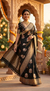 Noir Heritage Banarasi Silk Saree With Antique Gold Zari — view 11