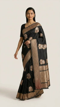 Noir Heritage Banarasi Silk Saree With Antique Gold Zari — view 14