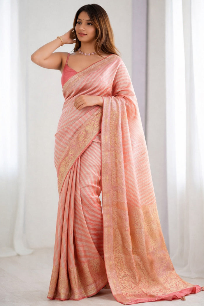 Blush Rosé Banarasi Silk Saree With Gold Zari Weave