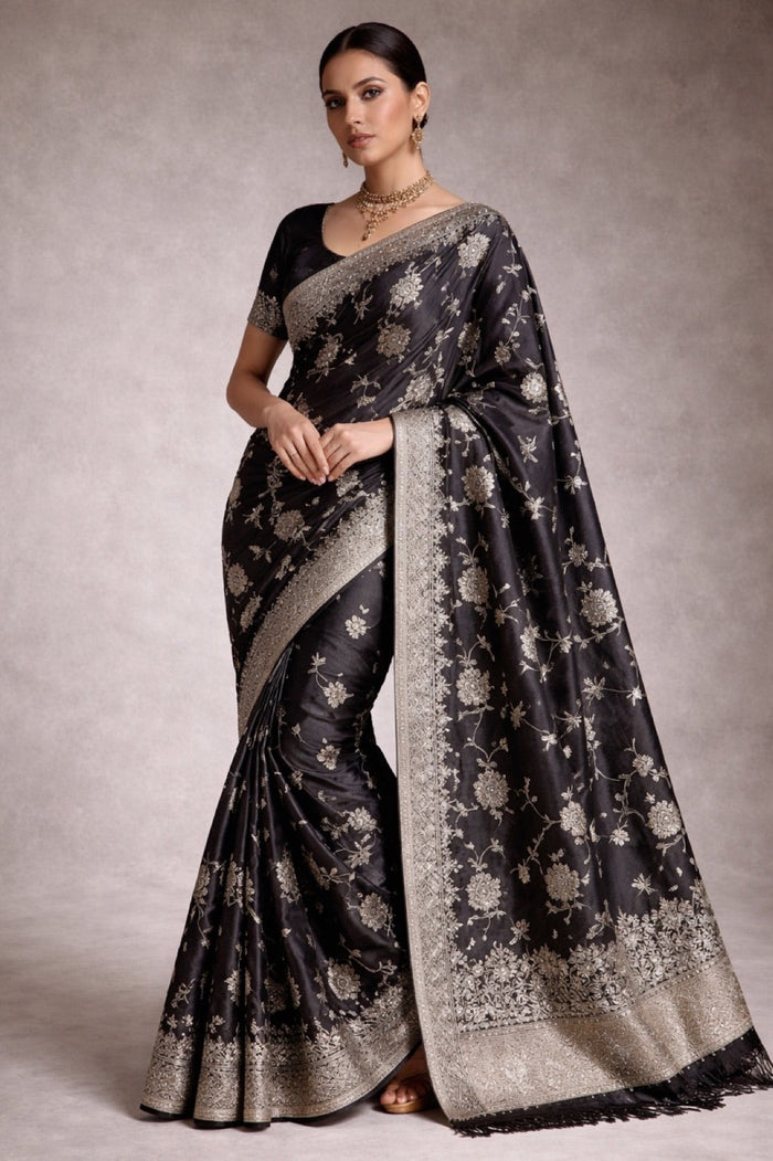Onyx Heritage Banarasi Pure Silk Saree With Delicate Silver Zari