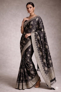 Onyx Heritage Banarasi Pure Silk Saree With Delicate Silver Zari — view 4