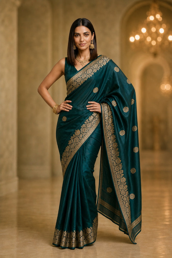 Emerald Rajwadi Banarasi Silk Saree With Antique Gold Zari