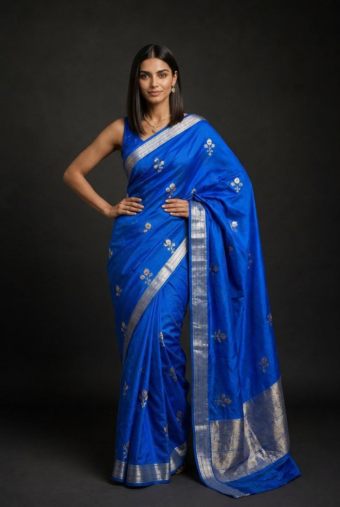 Neel Ratna Banarasi Silk Saree With Silver Zari Motifs