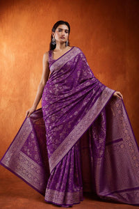 Rang Mahal Banarasi Silk Saree With Floral Zari Border — view 4