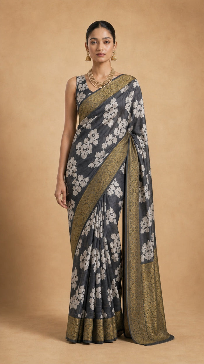 Charcoal Pushp Banarasi Tissue Silk Saree With Antique Gold Border