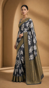 Charcoal Pushp Banarasi Tissue Silk Saree With Antique Gold Border — view 2