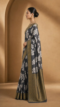 Charcoal Pushp Banarasi Tissue Silk Saree With Antique Gold Border — view 3