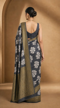 Charcoal Pushp Banarasi Tissue Silk Saree With Antique Gold Border — view 4