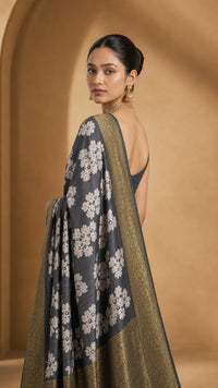 Charcoal Pushp Banarasi Tissue Silk Saree With Antique Gold Border — view 5