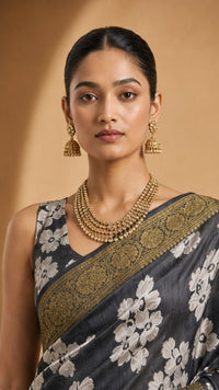 Charcoal Pushp Banarasi Tissue Silk Saree With Antique Gold Border — view 6