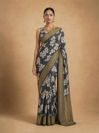 Charcoal Pushp Banarasi Tissue Silk Saree With Antique Gold Border — view 7