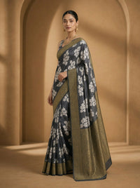 Charcoal Pushp Banarasi Tissue Silk Saree With Antique Gold Border — view 8