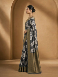 Charcoal Pushp Banarasi Tissue Silk Saree With Antique Gold Border — view 9
