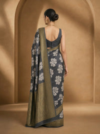 Charcoal Pushp Banarasi Tissue Silk Saree With Antique Gold Border — view 10