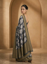 Charcoal Pushp Banarasi Tissue Silk Saree With Antique Gold Border — view 11