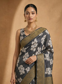 Charcoal Pushp Banarasi Tissue Silk Saree With Antique Gold Border — view 12