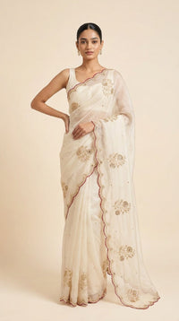Ivory Noor Organza Saree With Hand Embroidered Gold Motifs — view 1