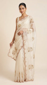 Ivory Noor Organza Saree With Hand Embroidered Gold Motifs — view 4