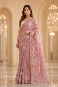 Blush Rosette Organza Saree With Floral Thread Embroidery — view 1
