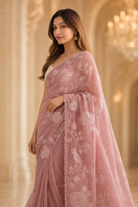 Blush Rosette Organza Saree With Floral Thread Embroidery — view 2