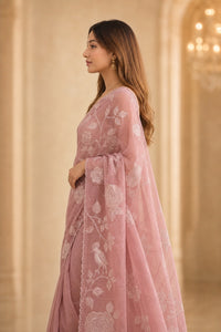 Blush Rosette Organza Saree With Floral Thread Embroidery — view 3