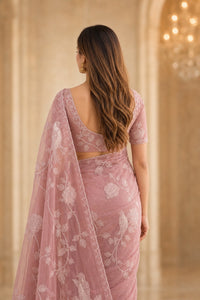 Blush Rosette Organza Saree With Floral Thread Embroidery — view 4