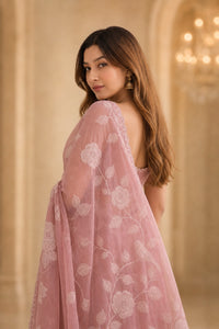 Blush Rosette Organza Saree With Floral Thread Embroidery — view 5