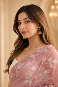 Blush Rosette Organza Saree With Floral Thread Embroidery — view 6